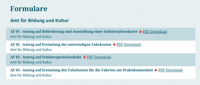 Die Abbildung zeigt beispielhaft einen Ausschnitt eines Formulars für das Amt für Bildung und Kultur. Dabei wechselt pro Zeile die Hintergrundfarbe, um mehr optische Spannung zu erzeugen.