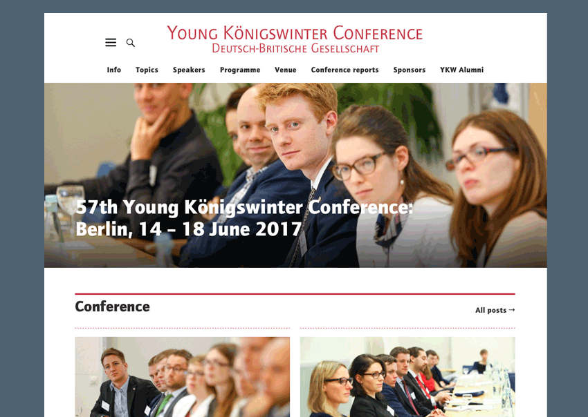 Zu sehen ist ein Ausschnitt der Startseite von Young Königswinter Conference. Das animierte Bild das Verhalten auf unterschiedlichen Geräten, wie Desktop, Tablet und Smartphone an.